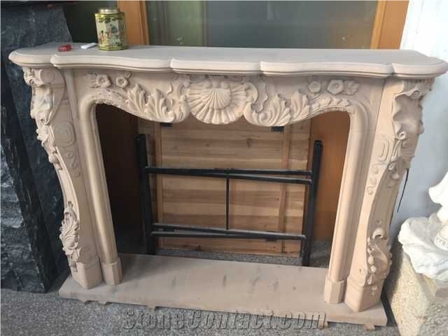 Beige Marble Fireplace Hearth, Sculptured Handcarved Fireplace Mantel, Masonry Heaters, Stone Handcarved Fireplace, Hot Sell China Modern Style Fireplace
