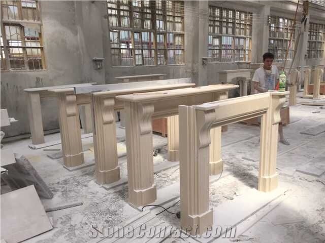Beige Marble Polished Carving Fireplace, Handcarved Natural Stone Modern Style Fireplace, China Factory Stone Fireplace on Sales