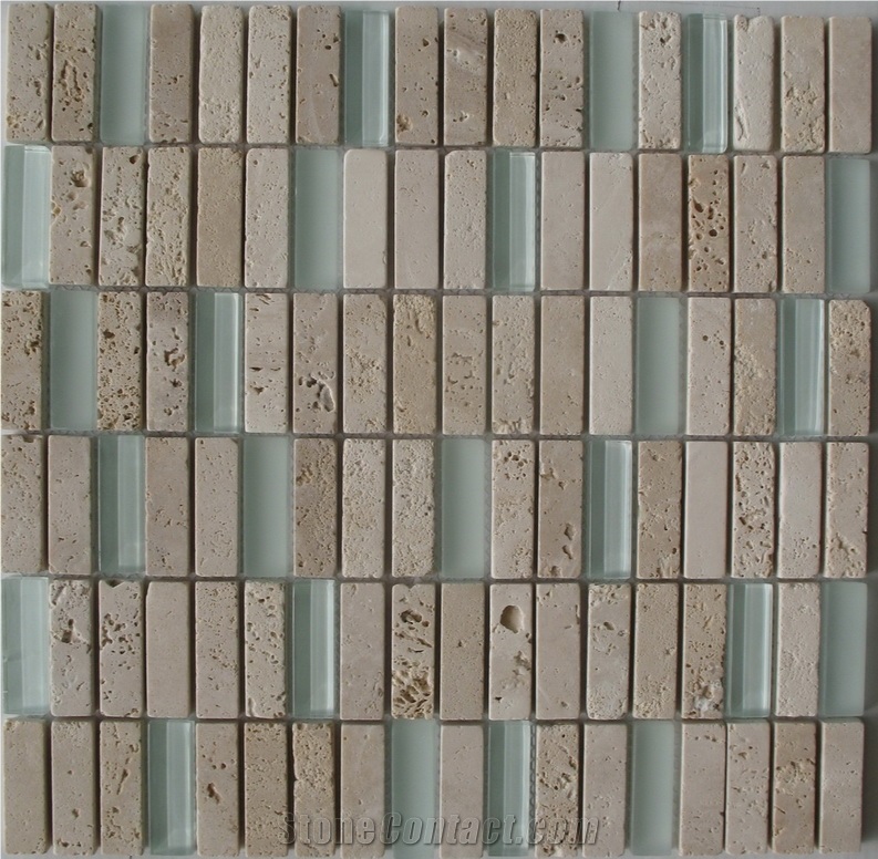 Beige Travertine Wall Mosaic, Beige Travertine Wall Pattern Mosaic, Beige Travertine with Glass New Luxery Mosaic Design