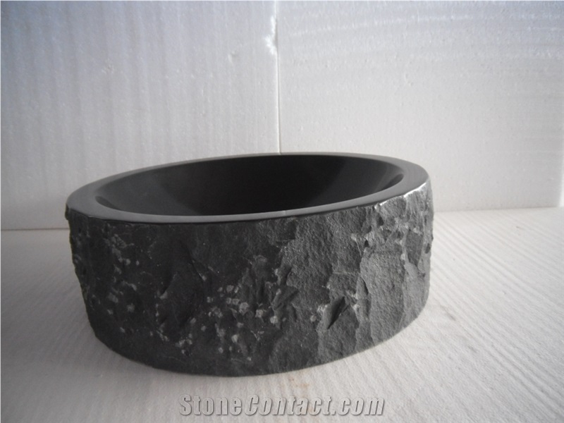 Black Granite Stone Sink, for Indoor & Outdoor, Basalt Stone Wash Basins, Oval Granite Sink, Inside Polished Surface, Bathroom Basins