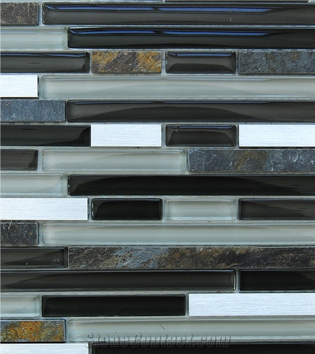 China Natural Slate and White Stone with Pure White Glass Bar Mosaic Tile Patterns -High Quality ,Owned Factory