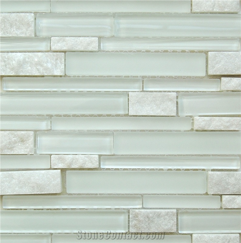 China Natural White Quartzite Stone with Fog Pure White Glass Bar Floor and Wall Mosaic -Western and European Style -Owned Factory