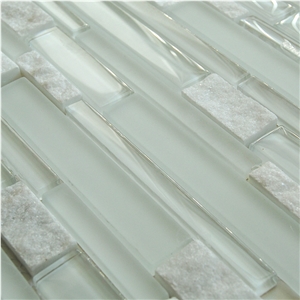 China Natural White Quartzite Stone with Fog Pure White Glass Bar Floor and Wall Mosaic -Western and European Style -Owned Factory