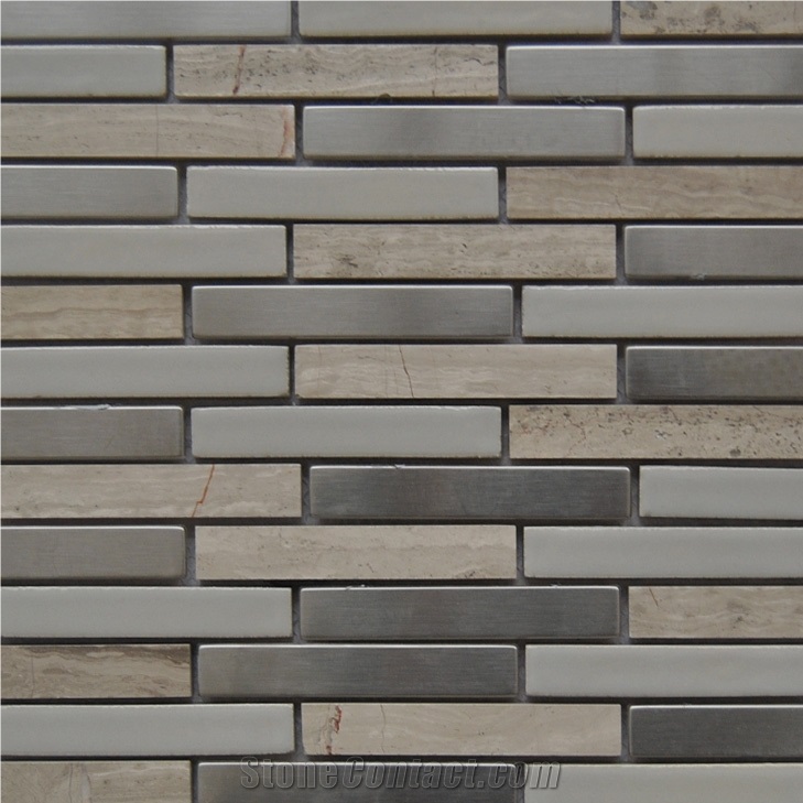China Popular Light Wood Grey Natural Marble with Aluminum Metal Floor and Wall Mosaic Pattern Tiles -Competitive Prices -Owned Factory