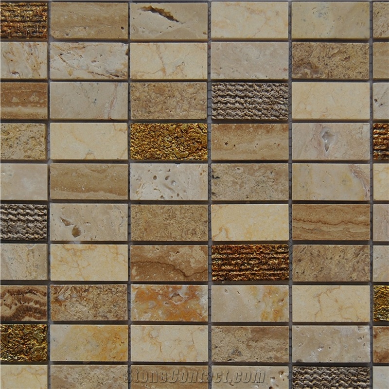 Golden Beige Marble Travertine Natural Stone Floor and Wall Laminated Mosaic Tile Pattern - Owned Factory