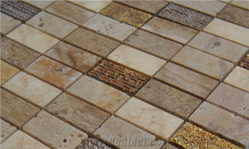 Golden Beige Marble Travertine Natural Stone Floor and Wall Laminated Mosaic Tile Pattern - Owned Factory