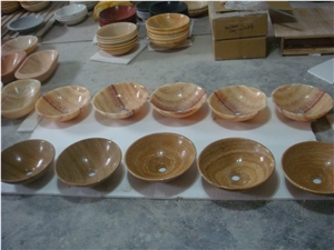 Golden Marble Stone Sink on Sales, Round Shape Wash Bowls, High Polished Natural Stone Basin