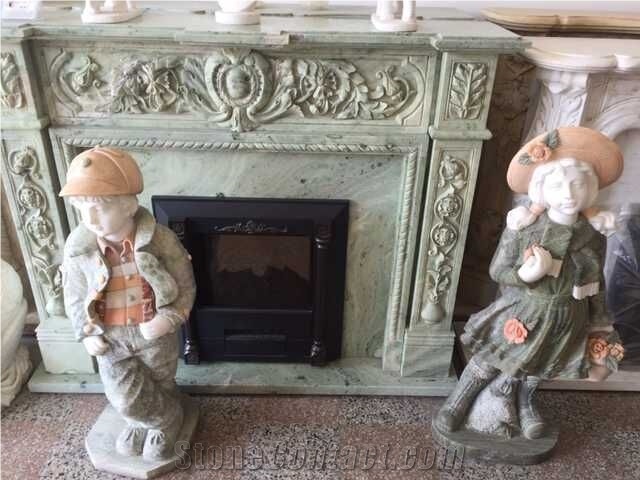 Green Marble Fireplace Decorating, Fireplace Hearth, Flower Carving, Cheap European Style Natural Stone Fireplace