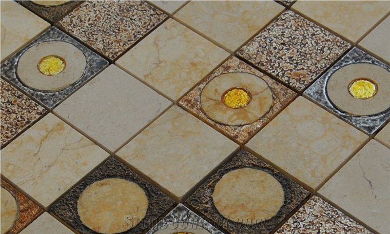 High Popular Natural Stone Marble -Sunny Beige and Ceramic and Resin Chips Mosaic -Manmade Stone Mosaic Pattern -Owned Factory