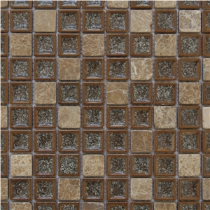 Light Emperador Beige Natural Marble Mosaic Pattern with Block Glass Bar Mosaics-High Quality and Popular - Owned Factory