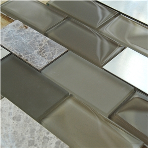 Light Grey Marble and Brown Glass ,Aluminum Metal Mosaic Floor and Wall Tile Patterns-Owned Factory -High Quality