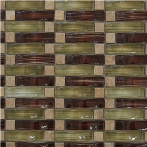 Natural Beige Marble and Green ,Brown Glass Laminated Wall and Floor Mosaic Tiles Pattern for Luxury Bathroom Decor