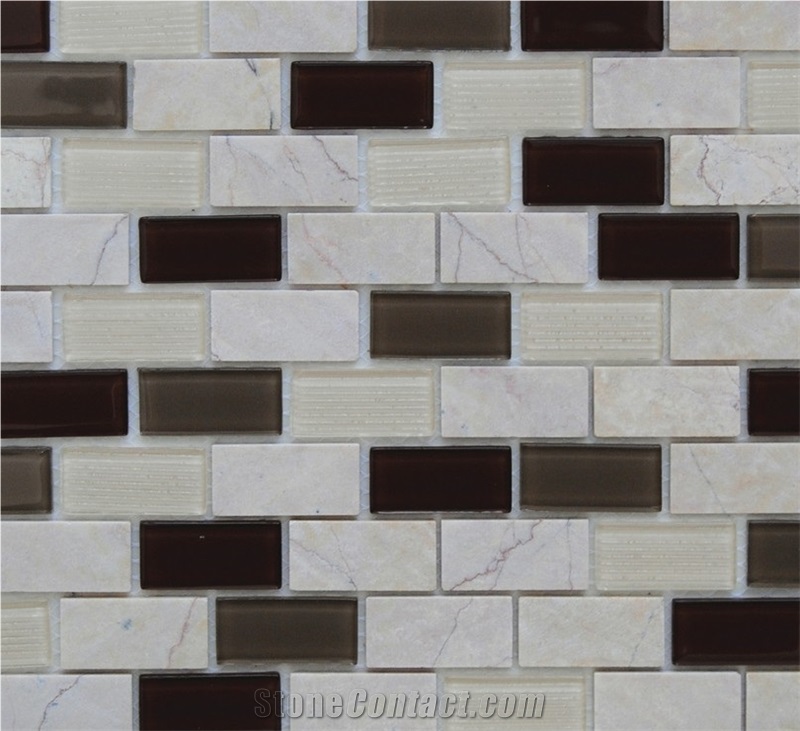 Natural Beige Marble Stone with Dark and White Glass Chip Mixed Mosaic Tile Patterns -Xiamen Terry Stone Co.,Ltd