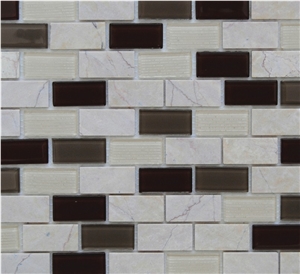 Natural Beige Marble Stone with Dark and White Glass Chip Mixed Mosaic Tile Patterns -Xiamen Terry Stone Co.,Ltd