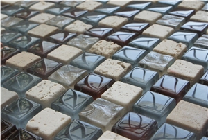 Natural Beige Travertine and Blue Glass Chips Mosaic for Wall and Floor ,Bathroom and High Quality Commercial Projects