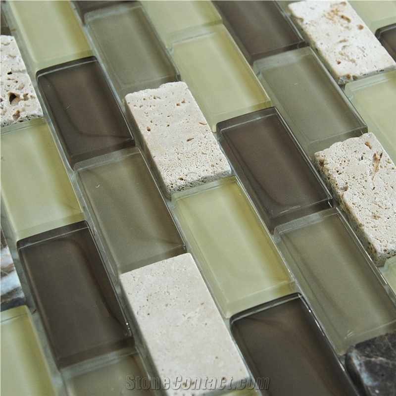 Natural Beige Travertine , Dark Emperador Marble Stone and Light Green Glass Mosaic Pattern for Floor and Wall -Owned Factory