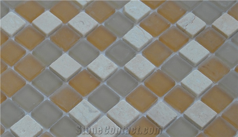 Natural Cream Marble Stone Mosaic-Yellow and Pure Glass Blocks Laminated Floor and Wall Mosaics Pattern Tile for Luxury Bathroom Commercial Projects -Owned Factory