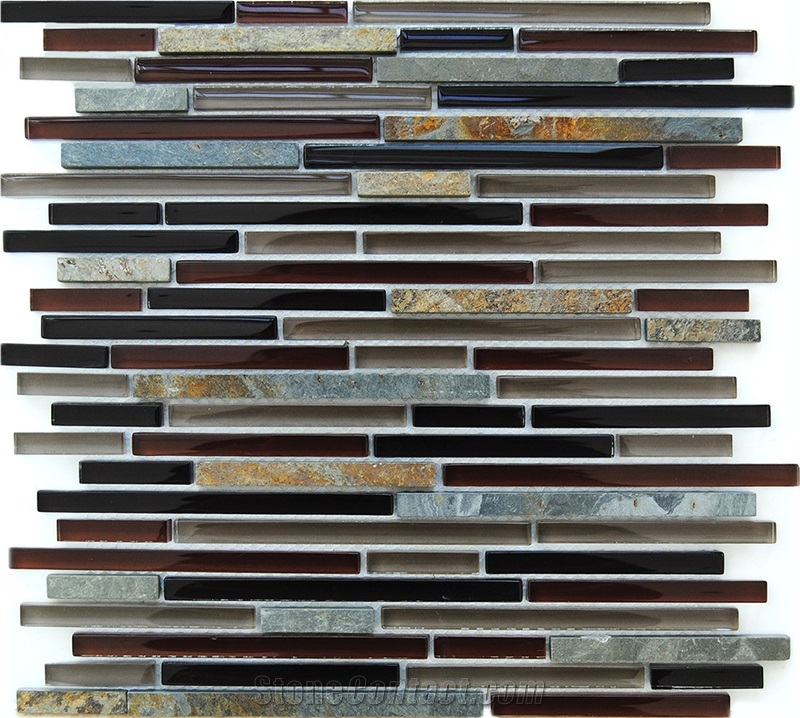 Natural Rustic Slate and Pure Glass Bar Mosaic Tile Pattern for Floor and Wall -Luxury Bathroom Commercial Project - Owned Factory