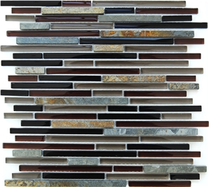 Natural Rustic Slate and Pure Glass Bar Mosaic Tile Pattern for Floor and Wall -Luxury Bathroom Commercial Project - Owned Factory