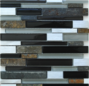 Natural Split Rustic Slate and Aluminum Backed Metal Mosaic Tiles Patterns ,Black Glass Laminated Mosaic -High Quality,Owned Factory