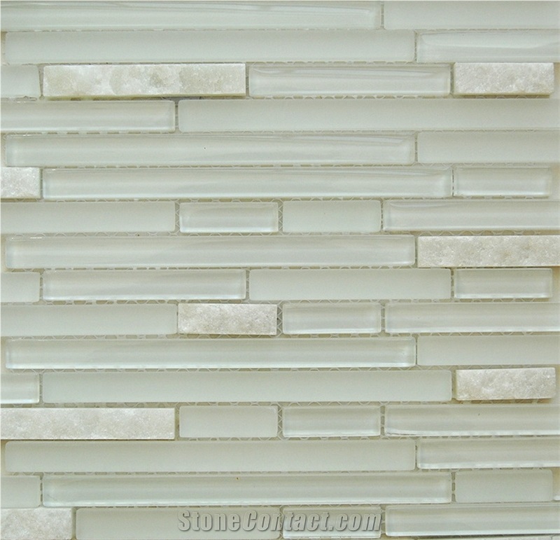 Natural Split White Quartz Bar with Pure Glass Bar Mosaics Tile Pattern for Wall and Floor and Luxury Bathroom Decoration ,High Quality and Beautiful