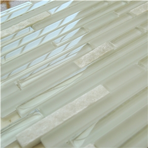 Natural Split White Quartz Bar with Pure Glass Bar Mosaics Tile Pattern for Wall and Floor and Luxury Bathroom Decoration ,High Quality and Beautiful