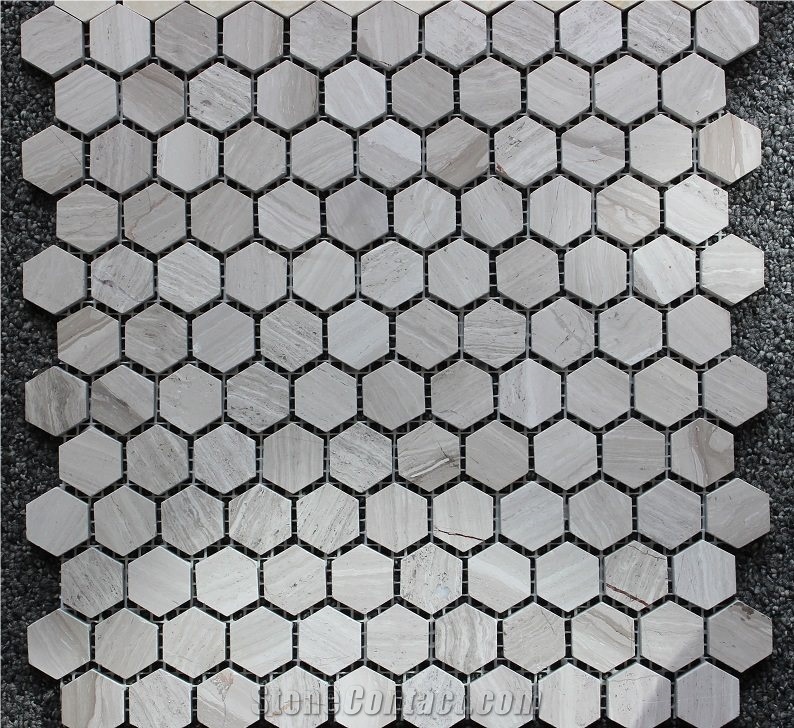 Natural Stone Guizhou White Wooden Grain,China Serpegiante Light Grey Wood Vein Marble Wenge Polished Grey Color 11*73mm Hexagon Marble Mosaic Tile, Marble for Decoration