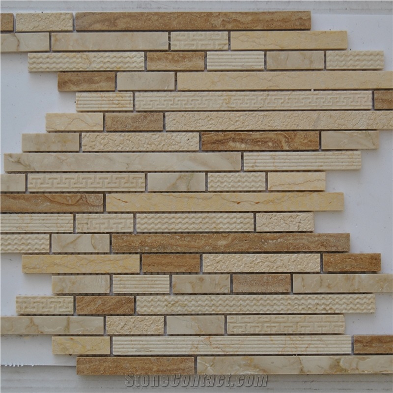 New Popular Natural Beige Marble and Travertine Stone Bar Chips Mosaics Tile-For Wall and Floor Chipped Laminated Backed Mosaic Pattern Tiles