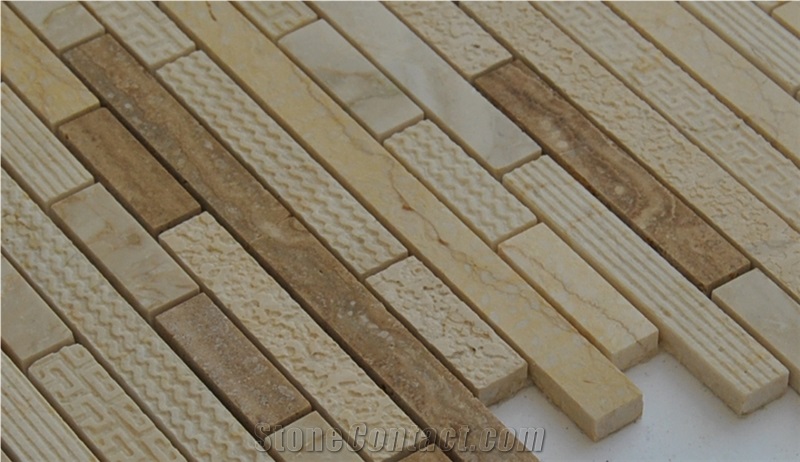 New Popular Natural Beige Marble and Travertine Stone Bar Chips Mosaics Tile-For Wall and Floor Chipped Laminated Backed Mosaic Pattern Tiles