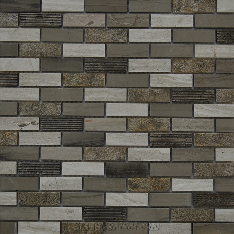 Polished Natural Marble Stone Mosaic Tile -Light Emperador and Dark Grey ,Ceramic Mosaic ,Bar Shape Wall and Floor Mosaic Tile Pattern