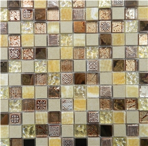 Polished Natural Yellow Onyx Chips and Ceramic ,Aluminum ,Metal Wall and Floor Mosaic Pattern ,Manmade Stone Mosaic Pattern -Owned Factory-Terry Stone