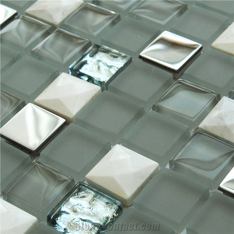 Popular White Glass and Aluminum Metal Mosaics Tile Pattern with Natural White Marble Stone-Luxury Commercial Bathroom Project Mosaic