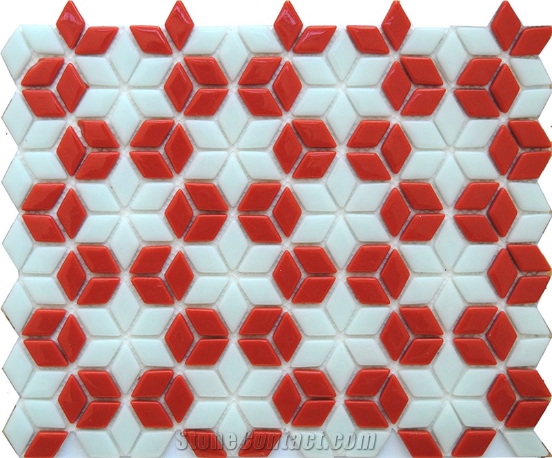 Red and White Circle Chipped Ceramic Manmade Mosaic for Floor and Wall Decoration -High Quality for Commercial Project Bathroom