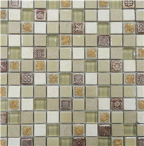 Shinning Aluminum Backed Wall Mosaic with Beige Natural Marble Chips & Resin ,Ceramic Floor Mosaic Patterns for Luxury Bathroom