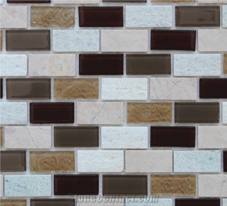 Spain Polished Chipped Crema Marfil and White Quartzite Mosaic , Brown Pure Glass with Stone Mixed Mosaic Tiles Patterns -Xiamen Terry Stone