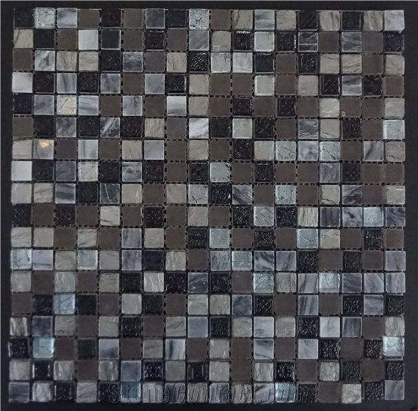 Square Shape Stone with Glass Mosaic, Ceramic Mixed with Resin Mosaci Stone for Floor & Wall, High Quality China Mosaic Tile
