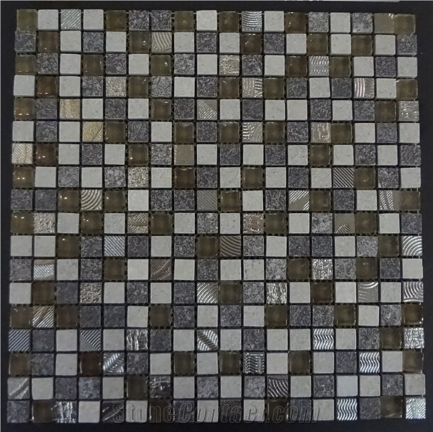 Stone Mosaic Tile, Glass Mosaic Mixed with Ceramic, Resin, Size Of 15*15mm, Whole Pc 300*300mm, from China Mosaic Factory