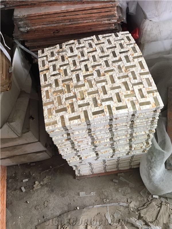 Sunny Beige Marble Mixed with Golden Metal Mosaic, Stone Metal Mosaic Hot Sell from China, Carton Package Then Package in Wooden Crates, Nice Basketweave Stone Mosaic