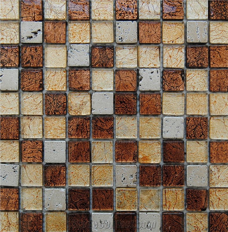 Very Beautiful Yellow and Brown Vein Glass and Silver Ceramic Backed Mosaic Tiles Pattern -High Quality and Owned Factory