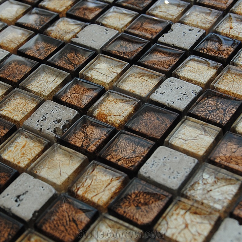 Very Beautiful Yellow and Brown Vein Glass and Silver Ceramic Backed Mosaic Tiles Pattern -High Quality and Owned Factory