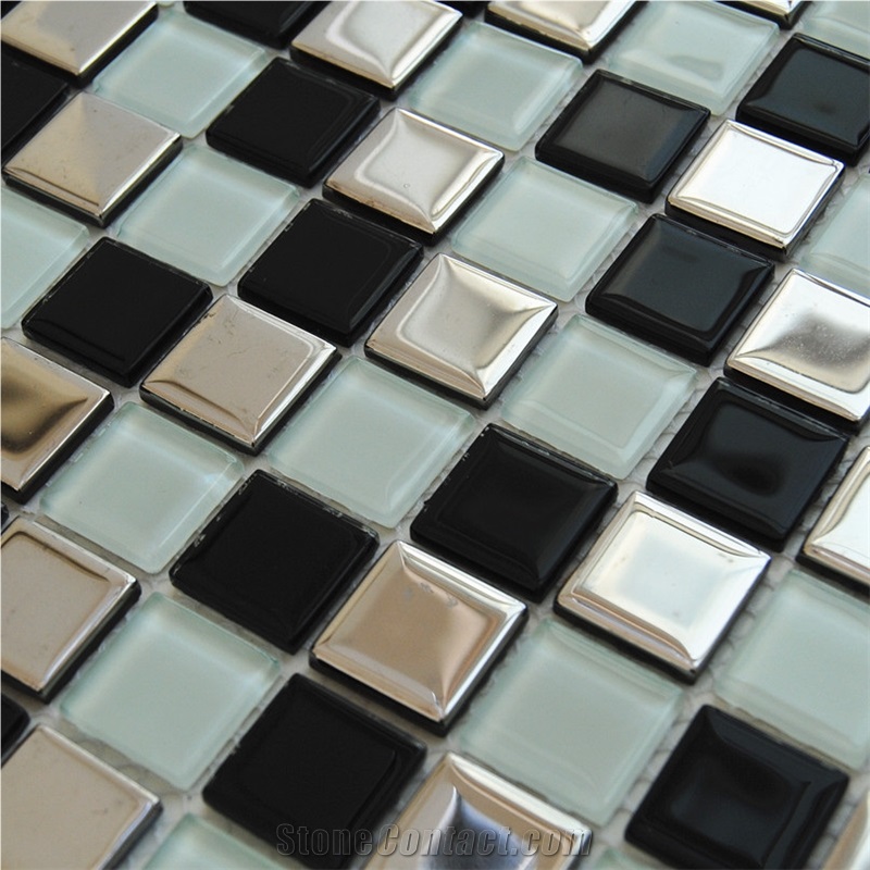 White and Black Glass Chips Mosaic with Aluminum Metal Mosaic for Wall and Floor ,High Quality Commercial Projects
