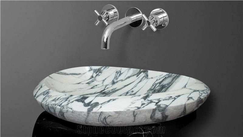 White Marble Green Vein Line Stone Sink, Oval Marble Sink for the Bathroom, China Natural Stone Sink