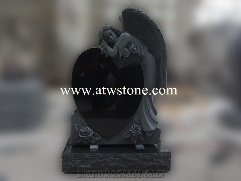 Black Granite Die Headstone with Hand Carved Leaning Angel