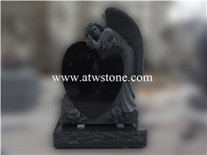 Black Granite Die Headstone with Hand Carved Leaning Angel
