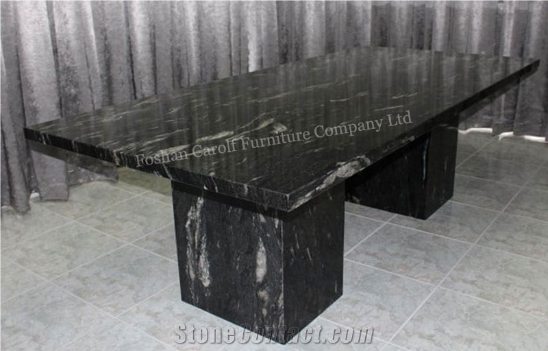 10 Seater Luxury Black Stone Marble Dinner Table, 3 Pieces
