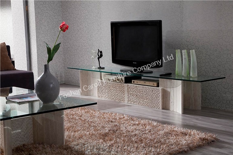Fancy Design Marble Travertine Tv Table with Glass Top