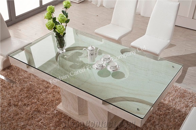 Glass Top Natural Marble Dining Table in White