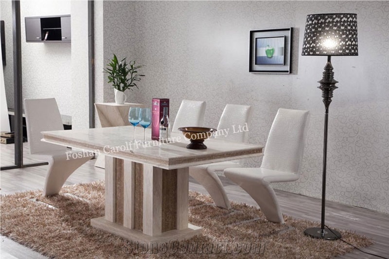 Hand-Caved Travertine Leg Dining Table, Indoor Dining Table Set