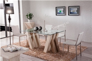High Quality Travertine Stone Base Dining Table with Glass Top