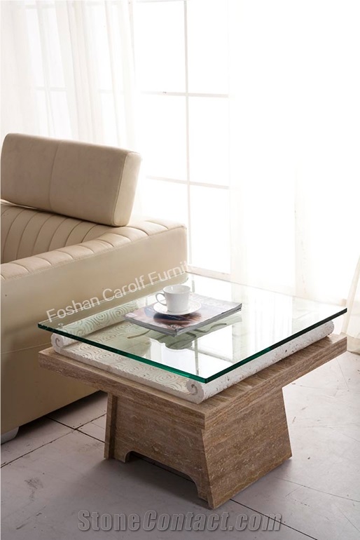 Italian White Travertine Stone Base Glass End Table